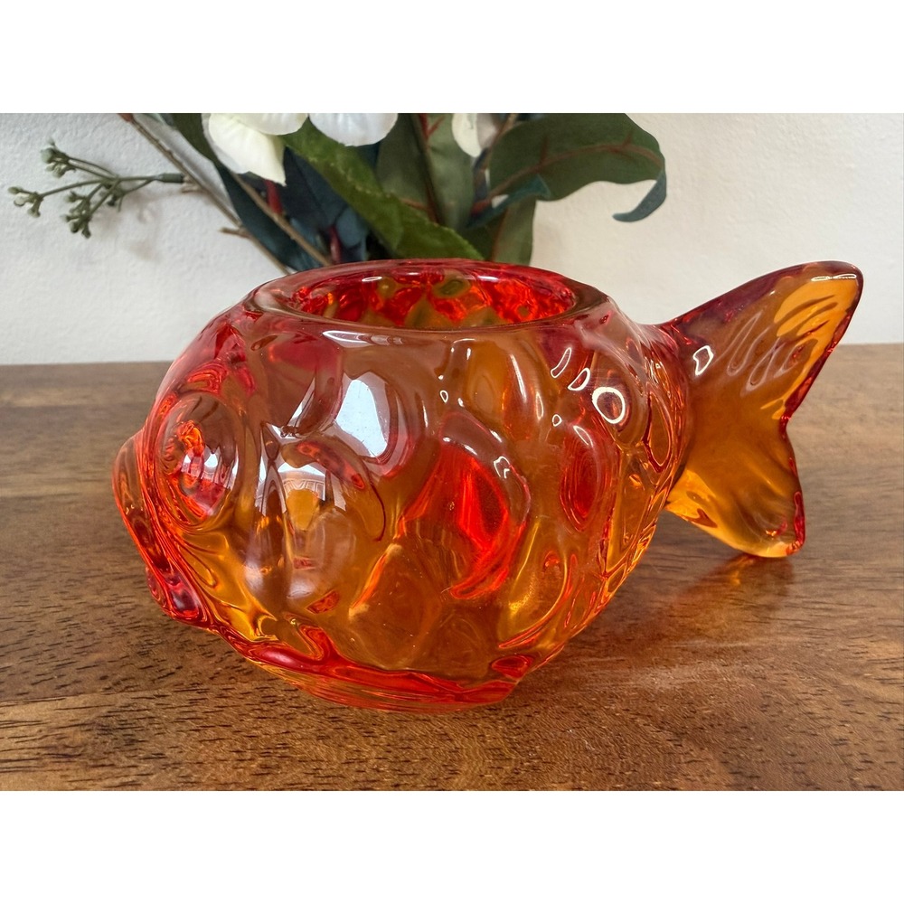 Vintage Amberina Glass Fish Candle Holder Orange Red Art Glass Coastal Decor